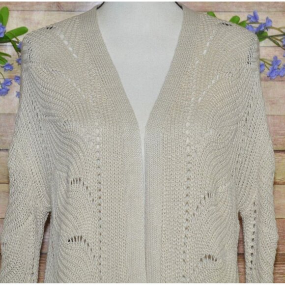 Pink Rose Oatmeal Tan Crochet Open Front Cardigan Sweater Size M Pockets Office - Picture 4 of 12